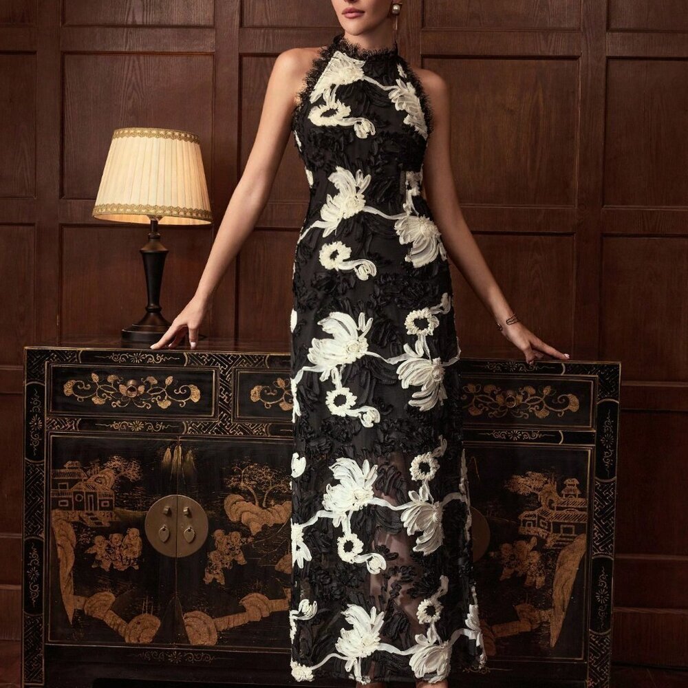 Black Casual Women's Two Tone Flower Lace Trim Split Back Halter Neck Dress